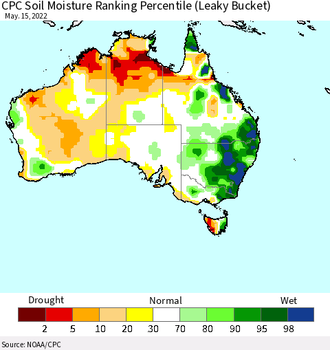 Australia CPC Soil Moisture Ranking Percentile (Leaky Bucket) Thematic Map For 5/11/2022 - 5/15/2022