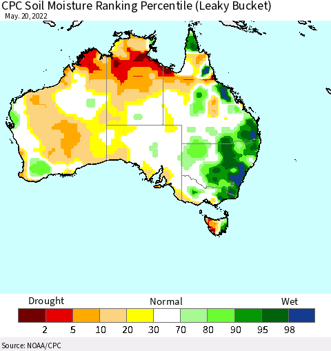 Australia CPC Soil Moisture Ranking Percentile (Leaky Bucket) Thematic Map For 5/16/2022 - 5/20/2022