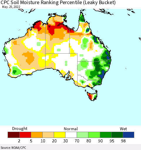 Australia CPC Soil Moisture Ranking Percentile (Leaky Bucket) Thematic Map For 5/21/2022 - 5/25/2022