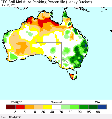 Australia CPC Soil Moisture Ranking Percentile (Leaky Bucket) Thematic Map For 6/6/2022 - 6/10/2022