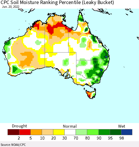 Australia CPC Soil Moisture Ranking Percentile (Leaky Bucket) Thematic Map For 6/16/2022 - 6/20/2022