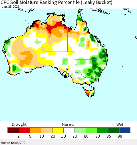 Australia CPC Soil Moisture Ranking Percentile (Leaky Bucket) Thematic Map For 6/21/2022 - 6/25/2022