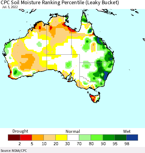 Australia CPC Soil Moisture Ranking Percentile (Leaky Bucket) Thematic Map For 7/1/2022 - 7/5/2022