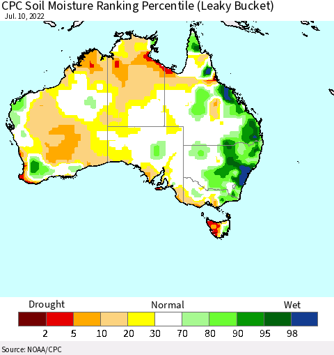 Australia CPC Soil Moisture Ranking Percentile (Leaky Bucket) Thematic Map For 7/6/2022 - 7/10/2022