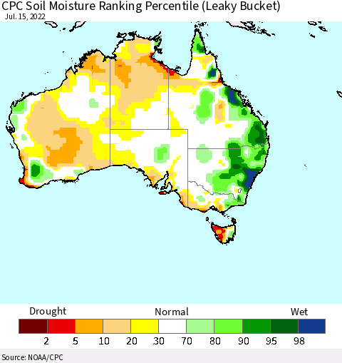 Australia CPC Soil Moisture Ranking Percentile (Leaky Bucket) Thematic Map For 7/11/2022 - 7/15/2022