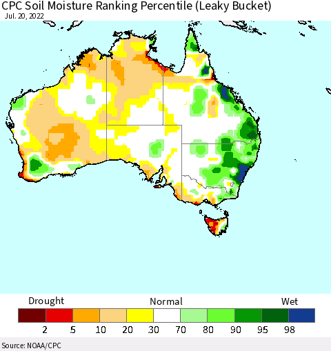 Australia CPC Soil Moisture Ranking Percentile (Leaky Bucket) Thematic Map For 7/16/2022 - 7/20/2022