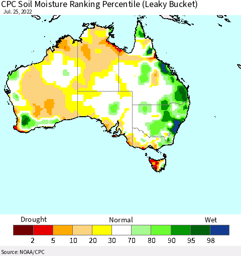 Australia CPC Soil Moisture Ranking Percentile (Leaky Bucket) Thematic Map For 7/21/2022 - 7/25/2022