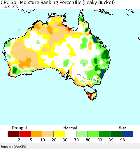 Australia CPC Soil Moisture Ranking Percentile (Leaky Bucket) Thematic Map For 7/26/2022 - 7/31/2022