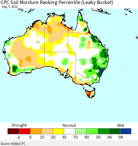 Australia CPC Soil Moisture Ranking Percentile (Leaky Bucket) Thematic Map For 8/1/2022 - 8/5/2022