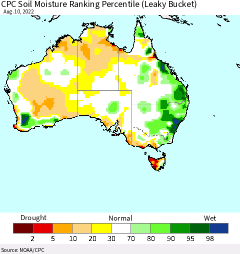 Australia CPC Soil Moisture Ranking Percentile (Leaky Bucket) Thematic Map For 8/6/2022 - 8/10/2022