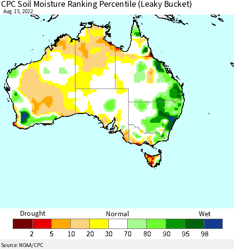 Australia CPC Soil Moisture Ranking Percentile (Leaky Bucket) Thematic Map For 8/11/2022 - 8/15/2022
