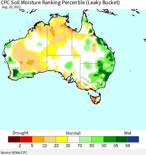 Australia CPC Soil Moisture Ranking Percentile (Leaky Bucket) Thematic Map For 8/16/2022 - 8/20/2022