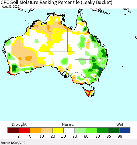 Australia CPC Soil Moisture Ranking Percentile (Leaky Bucket) Thematic Map For 8/26/2022 - 8/31/2022