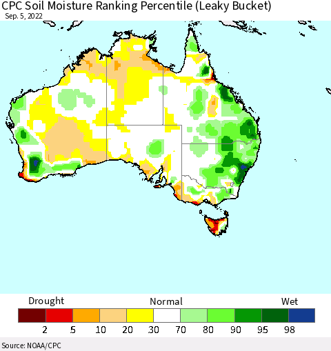 Australia CPC Soil Moisture Ranking Percentile (Leaky Bucket) Thematic Map For 9/1/2022 - 9/5/2022