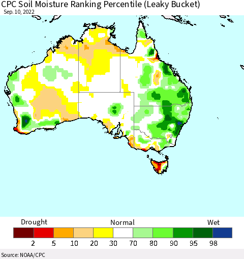 Australia CPC Soil Moisture Ranking Percentile (Leaky Bucket) Thematic Map For 9/6/2022 - 9/10/2022