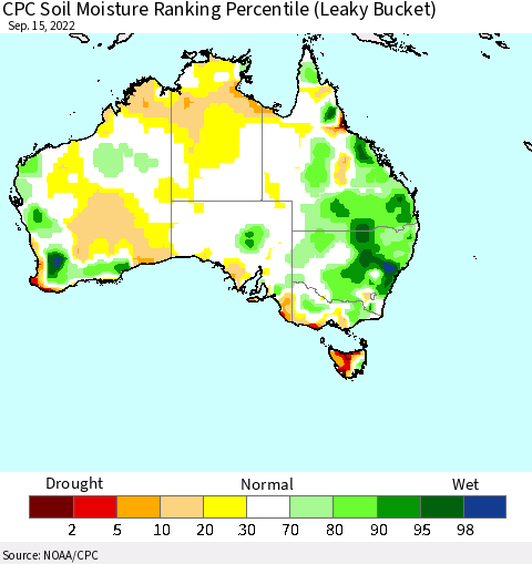 Australia CPC Soil Moisture Ranking Percentile (Leaky Bucket) Thematic Map For 9/11/2022 - 9/15/2022