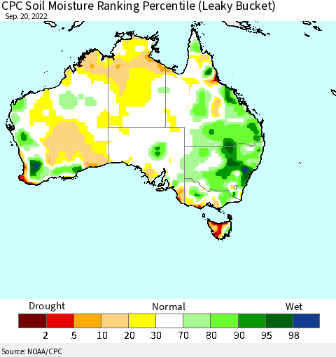 Australia CPC Soil Moisture Ranking Percentile (Leaky Bucket) Thematic Map For 9/16/2022 - 9/20/2022