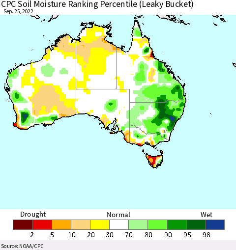 Australia CPC Soil Moisture Ranking Percentile (Leaky Bucket) Thematic Map For 9/21/2022 - 9/25/2022