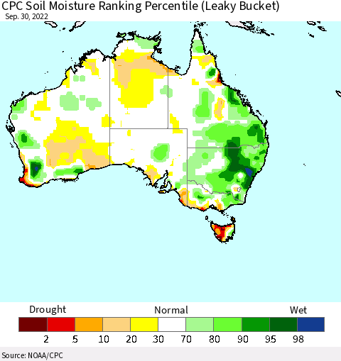 Australia CPC Soil Moisture Ranking Percentile (Leaky Bucket) Thematic Map For 9/26/2022 - 9/30/2022
