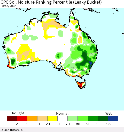 Australia CPC Soil Moisture Ranking Percentile (Leaky Bucket) Thematic Map For 10/1/2022 - 10/5/2022