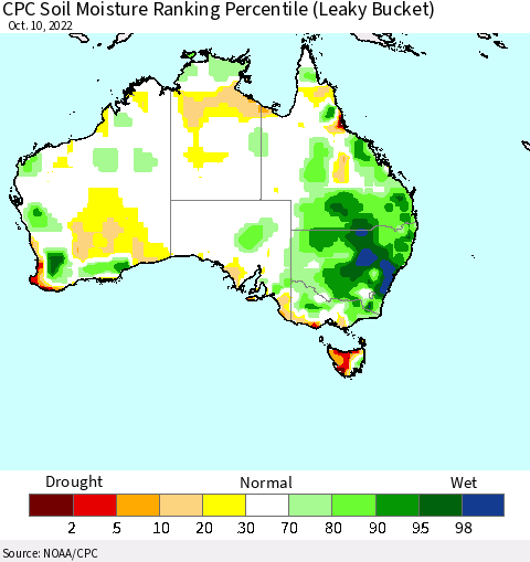 Australia CPC Soil Moisture Ranking Percentile (Leaky Bucket) Thematic Map For 10/6/2022 - 10/10/2022
