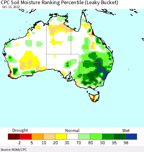 Australia CPC Soil Moisture Ranking Percentile (Leaky Bucket) Thematic Map For 10/11/2022 - 10/15/2022
