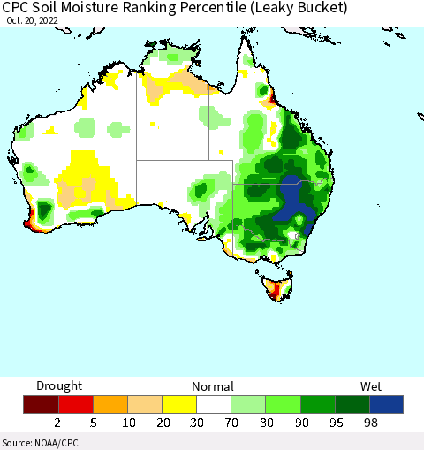 Australia CPC Soil Moisture Ranking Percentile (Leaky Bucket) Thematic Map For 10/16/2022 - 10/20/2022