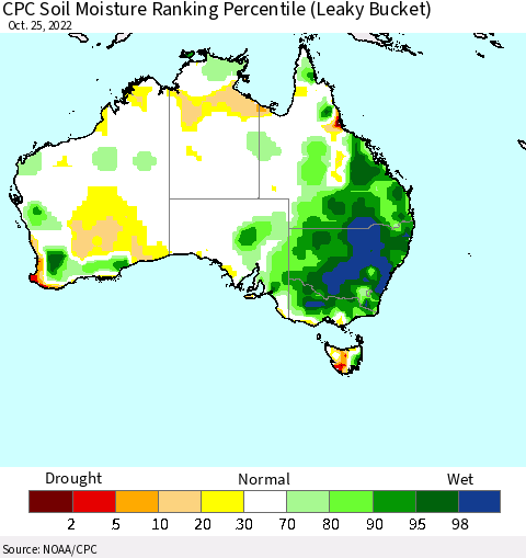 Australia CPC Soil Moisture Ranking Percentile (Leaky Bucket) Thematic Map For 10/21/2022 - 10/25/2022