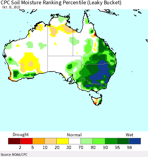 Australia CPC Soil Moisture Ranking Percentile (Leaky Bucket) Thematic Map For 10/26/2022 - 10/31/2022