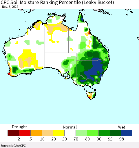 Australia CPC Soil Moisture Ranking Percentile (Leaky Bucket) Thematic Map For 11/1/2022 - 11/5/2022