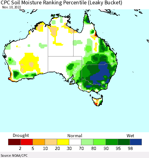 Australia CPC Soil Moisture Ranking Percentile (Leaky Bucket) Thematic Map For 11/6/2022 - 11/10/2022