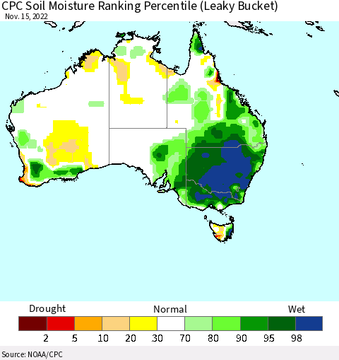 Australia CPC Soil Moisture Ranking Percentile (Leaky Bucket) Thematic Map For 11/11/2022 - 11/15/2022