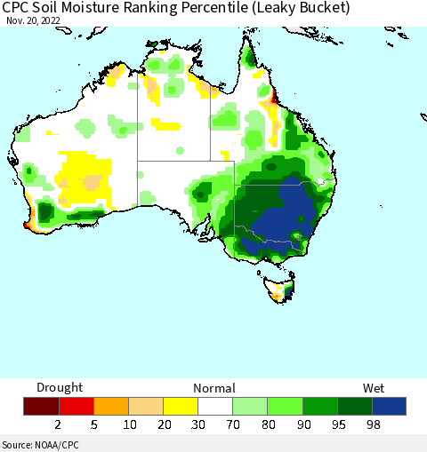 Australia CPC Soil Moisture Ranking Percentile (Leaky Bucket) Thematic Map For 11/16/2022 - 11/20/2022