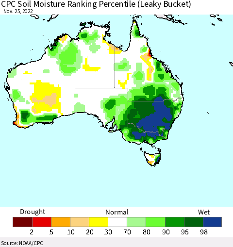 Australia CPC Soil Moisture Ranking Percentile (Leaky Bucket) Thematic Map For 11/21/2022 - 11/25/2022