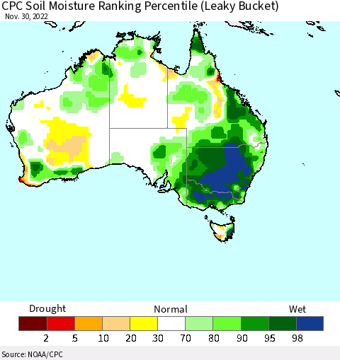 Australia CPC Soil Moisture Ranking Percentile (Leaky Bucket) Thematic Map For 11/26/2022 - 11/30/2022