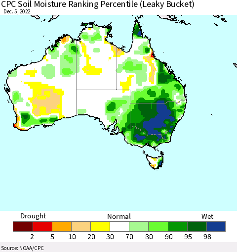Australia CPC Soil Moisture Ranking Percentile (Leaky Bucket) Thematic Map For 12/1/2022 - 12/5/2022