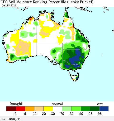 Australia CPC Soil Moisture Ranking Percentile (Leaky Bucket) Thematic Map For 12/11/2022 - 12/15/2022