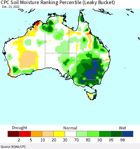 Australia CPC Soil Moisture Ranking Percentile (Leaky Bucket) Thematic Map For 12/21/2022 - 12/25/2022