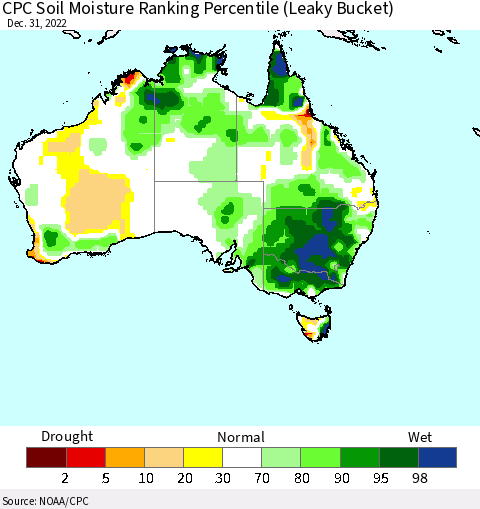 Australia CPC Soil Moisture Ranking Percentile (Leaky Bucket) Thematic Map For 12/26/2022 - 12/31/2022