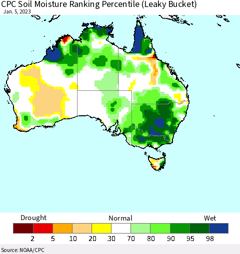 Australia CPC Soil Moisture Ranking Percentile (Leaky Bucket) Thematic Map For 1/1/2023 - 1/5/2023