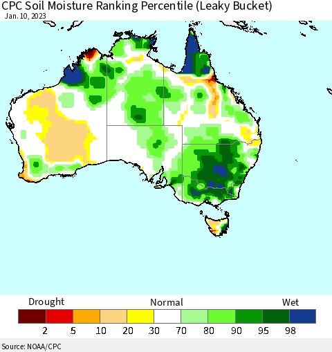 Australia CPC Soil Moisture Ranking Percentile (Leaky Bucket) Thematic Map For 1/6/2023 - 1/10/2023