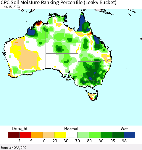 Australia CPC Soil Moisture Ranking Percentile (Leaky Bucket) Thematic Map For 1/11/2023 - 1/15/2023
