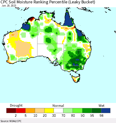Australia CPC Soil Moisture Ranking Percentile (Leaky Bucket) Thematic Map For 1/16/2023 - 1/20/2023