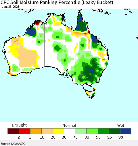 Australia CPC Soil Moisture Ranking Percentile (Leaky Bucket) Thematic Map For 1/21/2023 - 1/25/2023