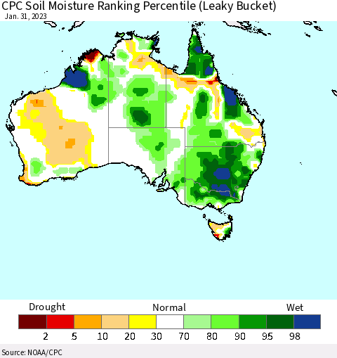 Australia CPC Soil Moisture Ranking Percentile (Leaky Bucket) Thematic Map For 1/26/2023 - 1/31/2023