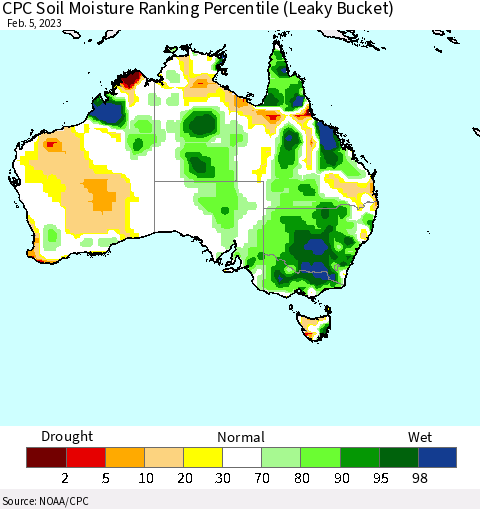 Australia CPC Soil Moisture Ranking Percentile (Leaky Bucket) Thematic Map For 2/1/2023 - 2/5/2023