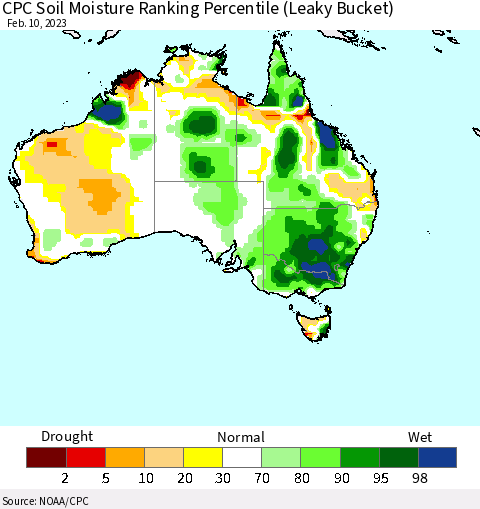 Australia CPC Soil Moisture Ranking Percentile (Leaky Bucket) Thematic Map For 2/6/2023 - 2/10/2023