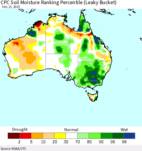 Australia CPC Soil Moisture Ranking Percentile (Leaky Bucket) Thematic Map For 2/11/2023 - 2/15/2023