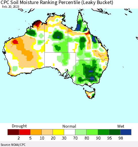 Australia CPC Soil Moisture Ranking Percentile (Leaky Bucket) Thematic Map For 2/16/2023 - 2/20/2023