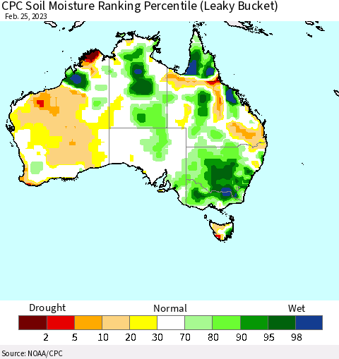 Australia CPC Soil Moisture Ranking Percentile (Leaky Bucket) Thematic Map For 2/21/2023 - 2/25/2023